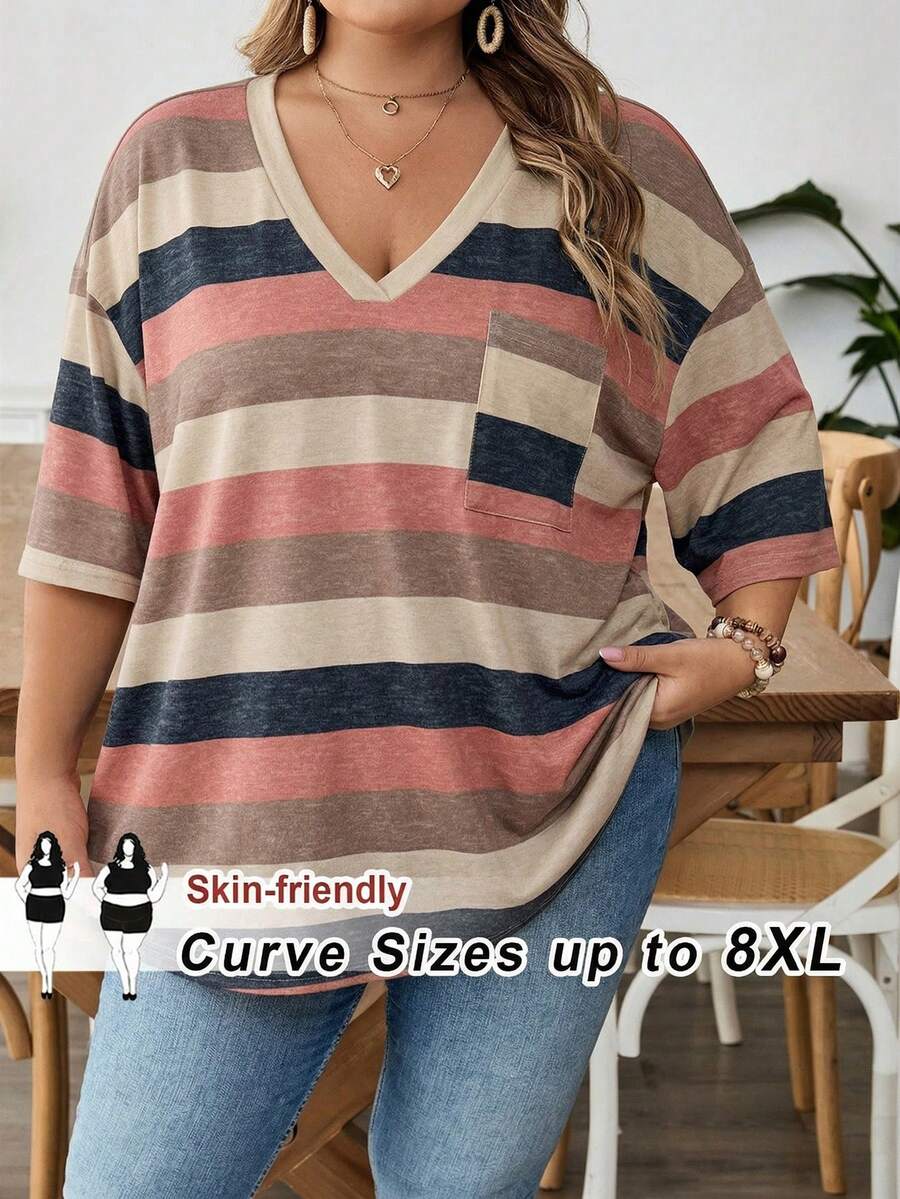 SHEIN CURVE+ Curve Plus Size/Autumn Clothes /Fall Women Clothes/Winter Clothes For Women/Winter ClothesPlus Size Women V-Neck Contrast Color Striped Pattern Loose Casual Short Sleeve T-Shirt With Pocket, Suitable For Summer - Multicolor - View 1