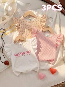 SHEIN Playful Pals 3件套彩色蝴蝶结、花朵、条纹荷叶边下摆圆领套头T恤，柔软舒适，休闲可爱，春夏新品 - 彩色 - 查看 1