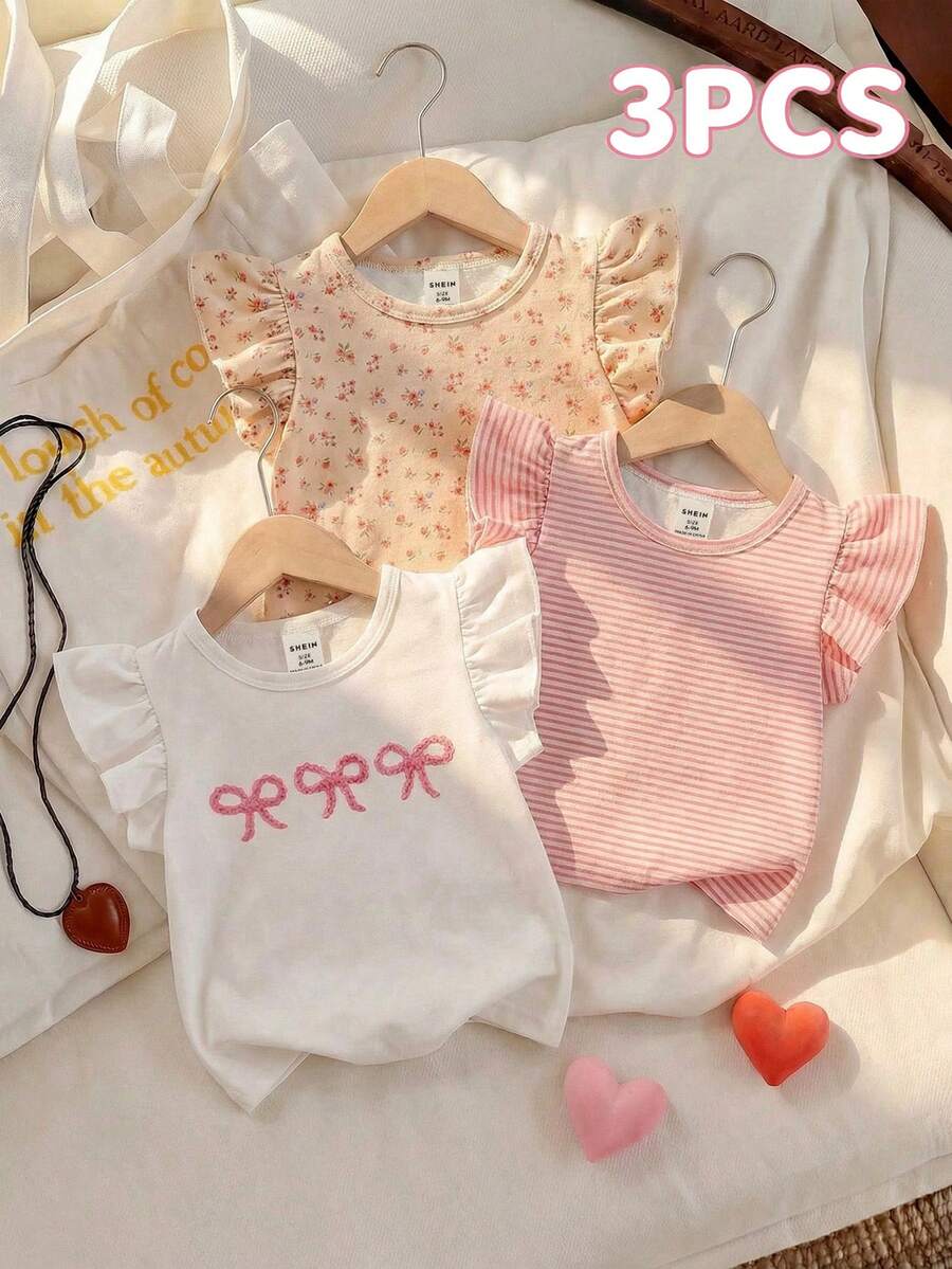 SHEIN Playful Pals Bộ 3 áo thun cổ tròn xếp ly viền ren họa tiết nơ, hoa và sọc nhiều màu sắc, chất liệu mềm mại, thoải mái, kiểu dáng dễ thương, thích hợp cho mùa xuân/hè. - Nhiều màu - Xem 1