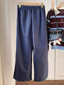 SHEIN EZwear 條紋圖案側腰部抽繩闊腿褲 - 藏蓝色 - 查看 2