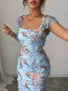Elenzga petite Women's Elegant Romantic Mesh Floral Print Ruffle Waist Midi Dress, Suitable For Weddings, Parties, Dates, Shopping And Other Occasions, Spring/Summer (Random Print) - Blue - View 4
