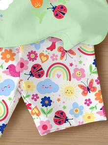 SHEIN Vintaside Kids 两件套女婴休闲时尚百搭春夏T恤套装。可爱甜美的薄荷绿上衣，饰以彩虹、爱心和花卉印花，灵感源自多巴胺的缤纷花朵设计。春夏装扮，轻松舒适，时尚女童套装，休闲服饰，儿童花卉图案服装，新款，清爽休闲，春日气息，夏日假期女婴套装，女婴夏季服装套装，女婴每日穿搭 - 彩色 - 查看 5