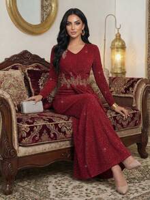 SHEIN Lady Wine Red V-Neck Sequin Patchwork Twist Front Fitted Elegant Long Sleeve Dress Weddings & Events Wedding Luxury Evening Dresses For Weddings Graduation Ceremony Party Graduation Dress Elegant Dresses Red Dress Red Dress For Women Sequin Spring Summer Red - Burgundy - View 5