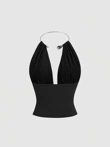 Sweetra Áo croptop xếp ly cổ choker kim loại thời trang, phong cách gothic tối màu đa năng cho kỳ nghỉ hè của phụ nữ. - màu đen - Xem 2