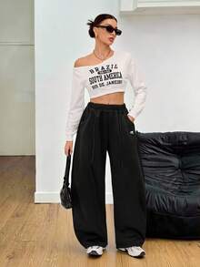 SHEIN Tall 女士秋冬街头风返校学院风休闲保暖舒适法式黑色弹力腰带弧形裤脚长裤，黑色长裤 - 黑色 - 查看 5