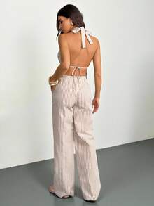SHEIN Tall 女士优雅复古杏色条纹系带背心低腰阔腿裤两件套 - 卡其色 - 查看 2