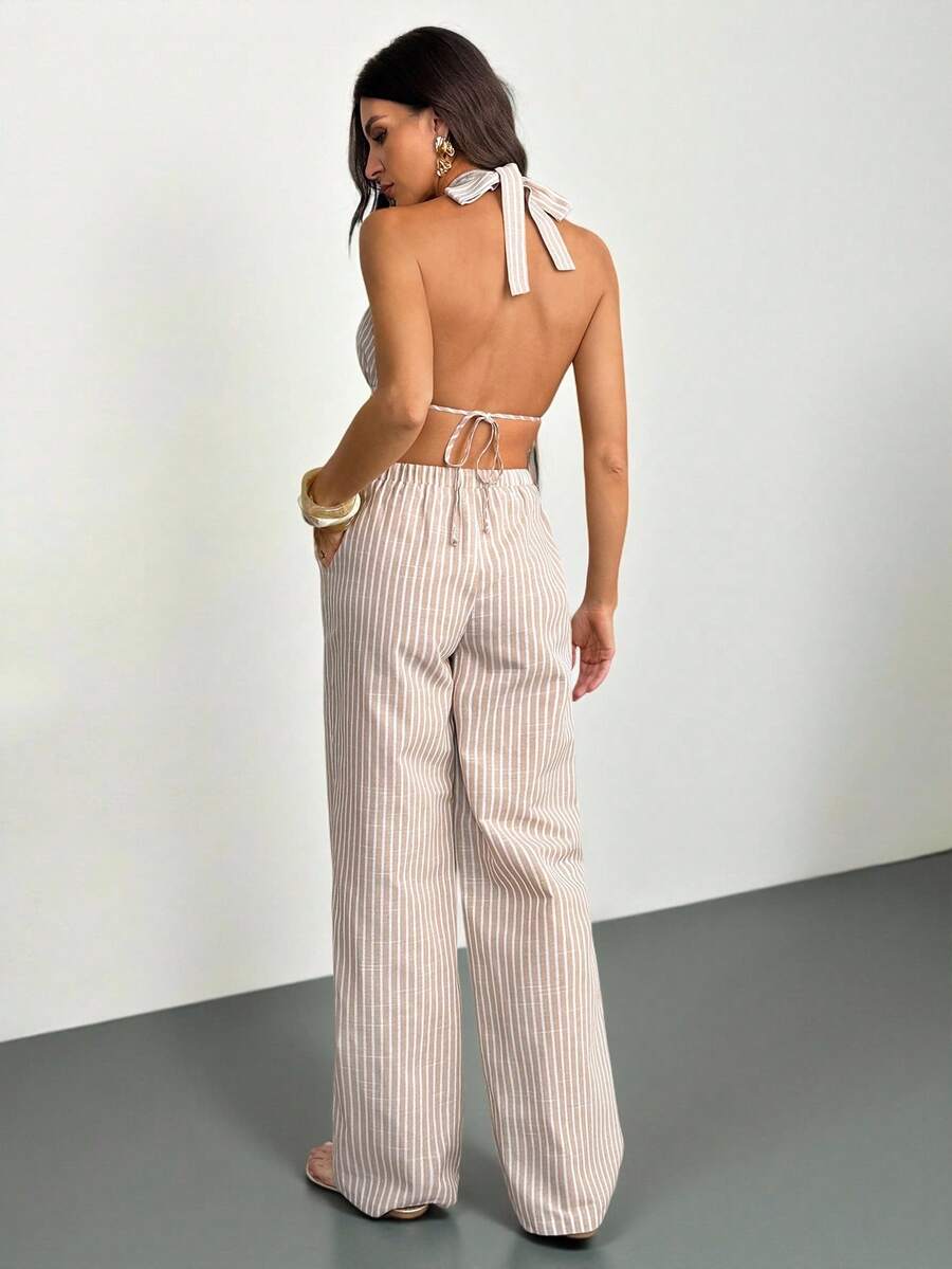 SHEIN Tall 女士优雅复古杏色条纹系带背心低腰阔腿裤两件套