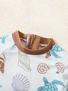 新生儿休闲夏季度假椰树图案长袖短裤带遮阳帽泳衣，适合春夏季在家、外出、旅行、度假、海滩、泳池派对穿着。 - 藍色 - 查看 4