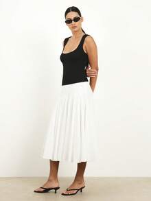 KSTM 结构拼接中长半身裙 高腰褶裥A字白色半身裙 优雅办公室商务休闲日常连衣裙半身裙 - 白色 - 查看 4