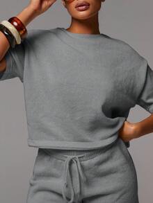 Athîral 女士针织休闲两件套T恤和短裤套装 - 淺灰色 - 查看 5