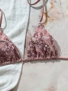 Swim Bonvoyette 纯色亮片纹理挂脖三角比基尼上衣，性感泳装，适合海滩度假，春夏款 - 彩色 - 查看 3