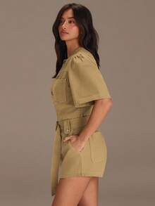Athîral Women's Casual Vacation Short Sleeve Buttoned Jumpsuit - Khaki - View 6