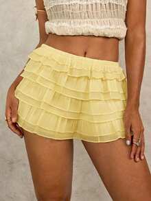 Swim Glamine Women's Solid Color Elastic Waist Ruffle Hem Romper Yellow Ruffle Shorts Ruffles Shorts Frilly Short Yellow Shorts For Women Skorts For Women Co Ord - Light Yellow - View 4