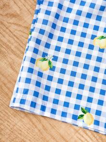 SHEIN Tween Girls T-Shirt Set,Fresh Lemon Print White Short-Sleeve Tee & Blue And White Checkered Wide-Leg Pant,Summer Cute Family Matching 2pcs Outfit - Multicolor - View 7