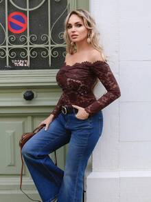 Elenary Edit 女士蕾丝性感透视镂空露肩长袖上衣，酒红色，适合圣诞节、万圣节、亡灵节、秋冬季叠穿 - 咖啡棕 - 查看 4