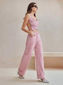Anewsta Fashionable Embroidered Straight-Leg Jeans For Women - Pink - View 8