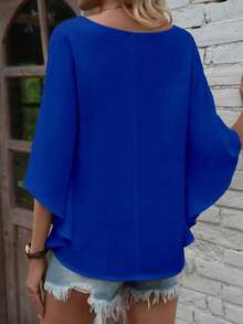 EMERY ROSE Blusa holgada de mujer de verano con cuello en V, unicolor y mangas tipo murciélago - Azul - Ver 2