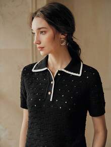 Anewsta Áo dệt kim màu ngà voi kiểu Pháp thanh lịch, họa tiết đồng xu cổ điển, chất liệu móc 3D, cúc vàng rỗng, thích hợp cho mùa xuân/hè. - màu đen - Xem 3