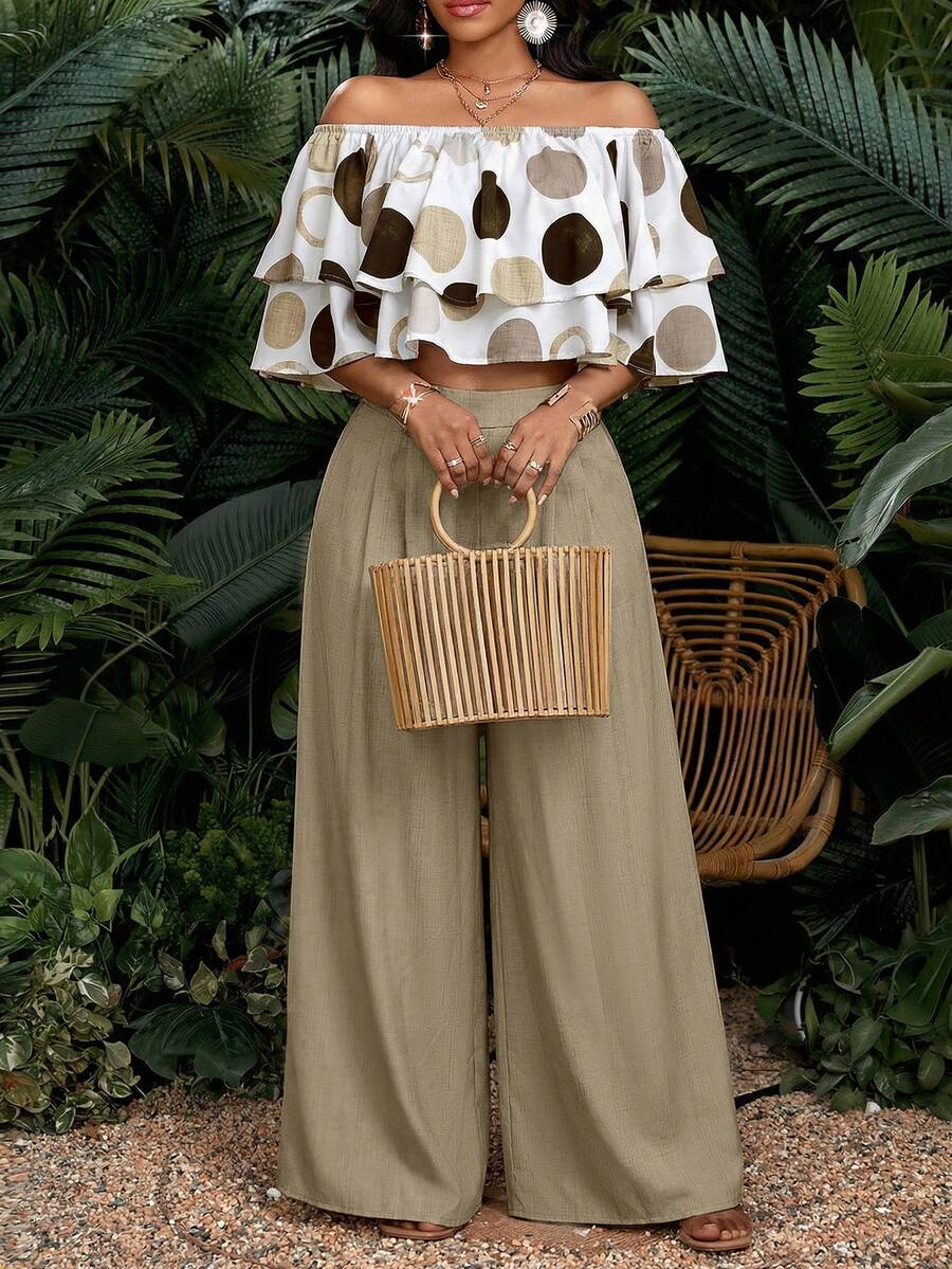 SHEIN Lady Conjunto de 2 piezas de top con hombros descubiertos y volantes con estampado de lunares y pantalones de pierna ancha, para vacaciones - Multicolor - Ver 1