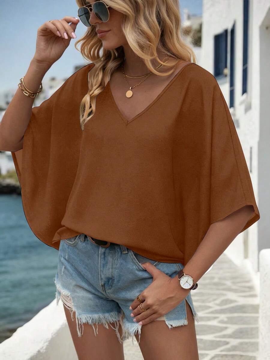 EMERY ROSE Women's Solid Color V-Neck Batwing Sleeve Loose Blouse - Coffee Brown - View 1