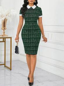 SHEIN Lady Đầm nữ dáng ôm vừa vặn họa tiết kẻ caro thanh lịch dài ngang gối, đầm công sở mùa hè cho nữ, đầm đi làm cho nữ, trang phục nữ người Phi, đầm tốt nghiệp/ đầm sinh nhật & sự kiện /đầm công sở /đầm đi lễ/ đầm bodycon cổ bẻ, đầm tweed xanh, đầm tay ngắn họa tiết kẻ caro thanh lịch, đầm công sở xanh cho nữ, đầm công sở ôm dáng, đầm mùa hè cho nữ - Màu xanh lá cây đậm - Xem 5