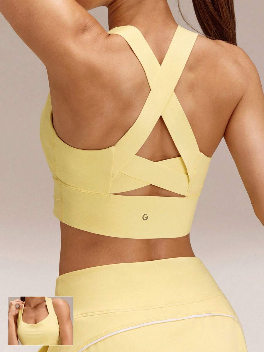 GLOWMODE FeatherFit™-Sculpt 全包覆侧支撑宽肩带交叉运动文胸，轻度支撑，适合低强度瑜伽和日常穿着 - French Vanilla - 查看 1