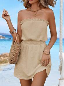 Swim Vcay Women's Summer Beach Solid Color Ruffle Waist Textured Vacation Dress - Apricot - View 5