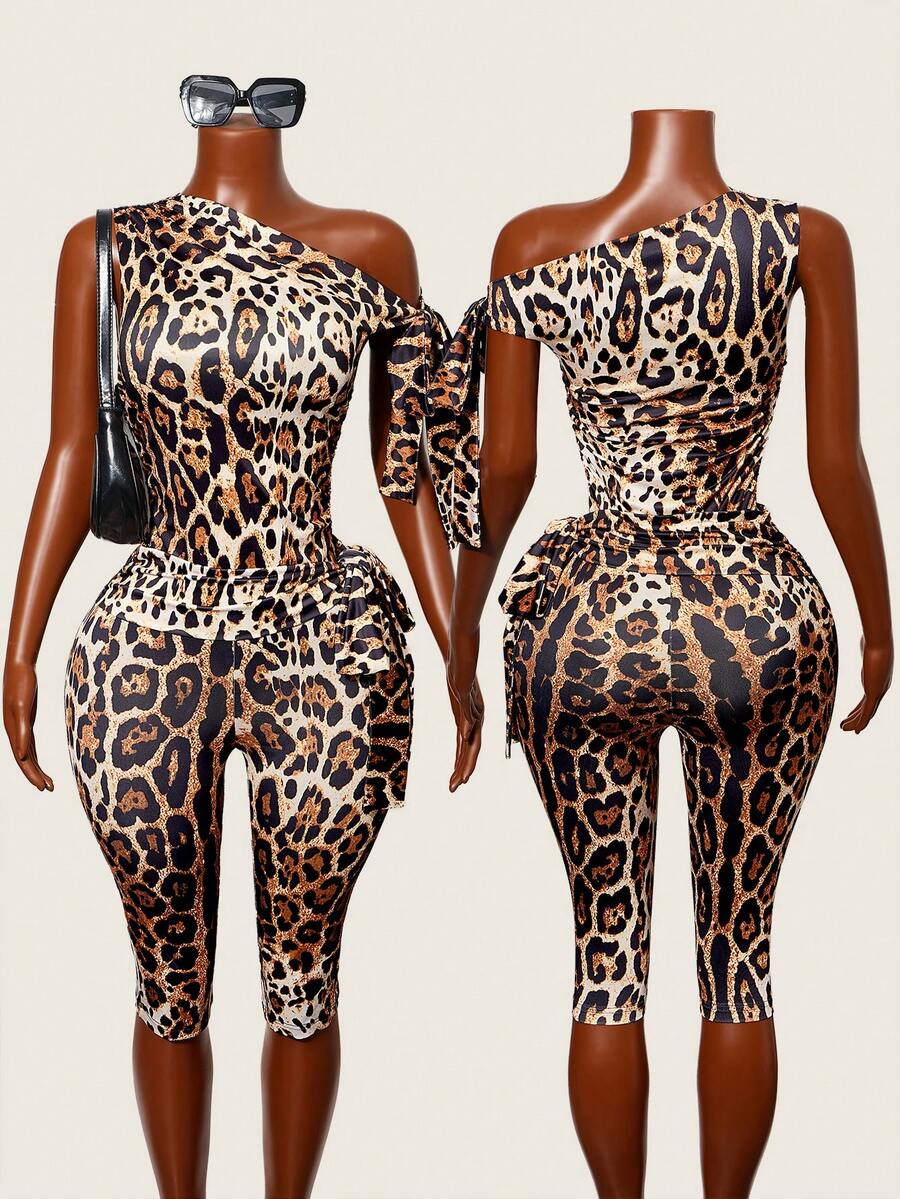 BamGleam Women's Summer Sleeveless Tie-Knot Fitted 3/4 Length Leopard Print Jumpsuit , Summer Outfits For Women , Summer Outfits ,  Summer Outfit For Women, Summer , Summer Clothes  , Summer Outfits For Women , Summer Outfits ,  Summer Outfit For Women Leopard Print Set Leopard Print Outfit 1 Piece Set 1pc Set Outfit Sets For Women Outfits 1 Piece Set - Gold - View 1