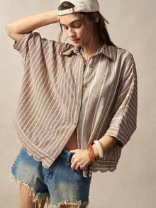 Bohemela Casual Woven Striped Patchwork Loose Fit Women's Shirt - Khaki - View 4