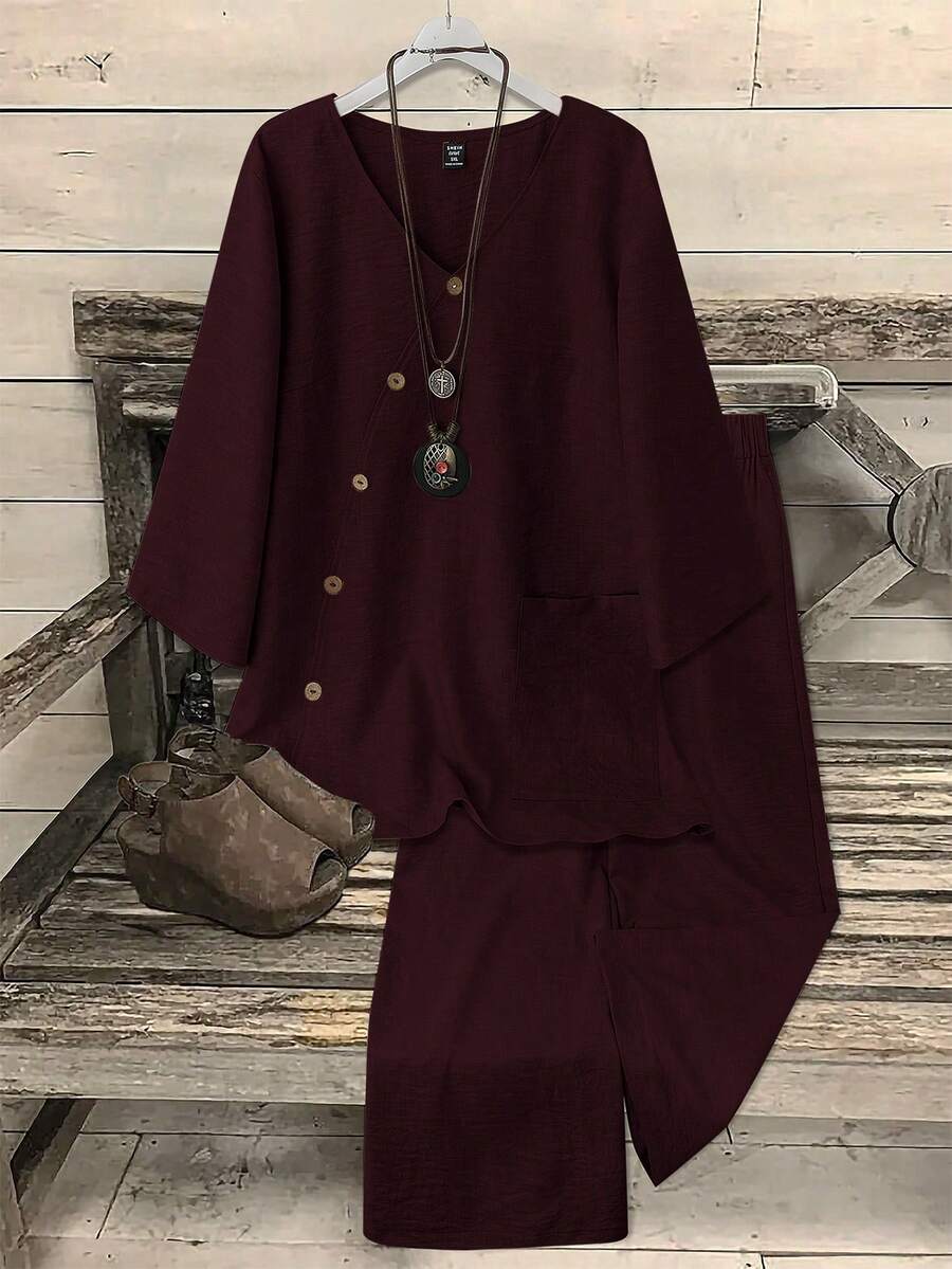 EMERY ROSE Casual Burgundy Plain Two Piece Outfit For Women With V Neck Regular Three Quarter Sleeve Blouse And Long Pants Pockets Detail - Burgundy - View 1