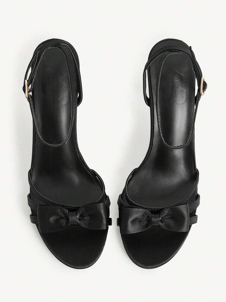 CUCCOO CHICEST Women Shoes Black Satin Satin High-End Bow Design Fashion Elegant Temperament Banquet Round Toe Ankle Strap High-Heeled Sandals