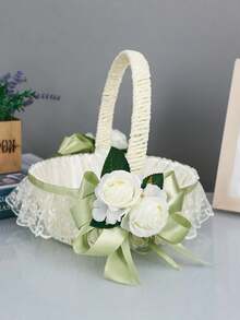 婚礼花童白色手持花篮，缎带蝴蝶结仙女花篮，大型婚礼花篮，适合花童 - 1PC - 查看 4