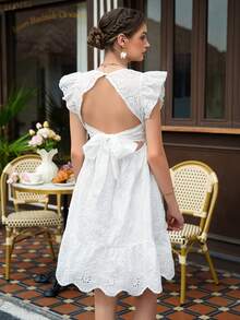 Momance 孕妇度假花卉刺绣荷叶边袖系带露背连衣裙 - 白色 - 查看 2