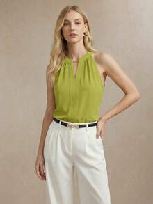 BizChic Olive Green Summer Elegant Office Halter Neck Tank Top,Solid Color Keyhole Neck Versatile Commuting 90s Retro Wedding Guest Party Fashion - Green - View 2