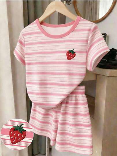 2pcs/Set Girls Casual Striped Short Sleeve T-Shirt And Shorts Set, Striped Print Round Neck T-Shirt And Shorts Combo, Comfortable Summer/Autumn Style, Suitable For Girls Daily Wear, Pink Striped 2-Piece Set, Suitable For Young GirlAnd Preschoolers Strawberry Fruit Cute Homewear