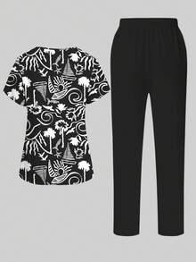 PopScrub Summer Black 2-Piece Set Rennaissance School Workwear Nurse Uniform,Coconut Tree Sailboat Wave Cartoon Print V-Neck Short Sleeve Split Pocket Suit - Multicolor - View 2