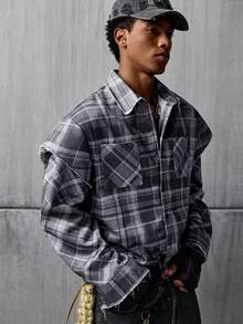 NEON BLANC Camisa casual de hombre de un solo pecho a cuadros, versátil para uso diario - Gris - Ver 2