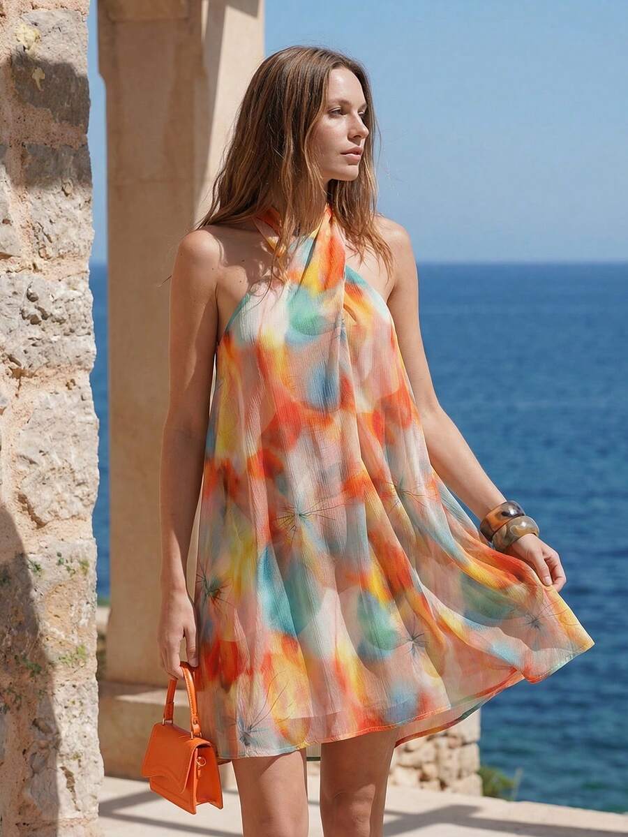 Vestido mini elegante de mujer con estampado floral y cuello halter, para verano - Multicolor - Ver 1