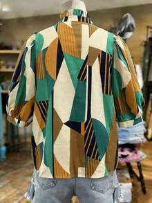 Voyazaga Women's Plus Size Shirt Brown,Autumn,Boho,Vacation,Holiday Retro Random Print Puff Sleeves Stand-Up Collar Front Pleats Ruffled Hem Casual Top Gym - Multicolor - View 2