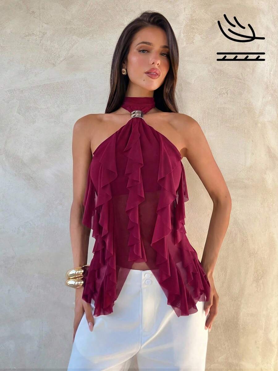 Aloruh Women's Elegant Multi-Layer Ruffle Trim Stand Collar Fitted Tank Top - Red Violet - View 1