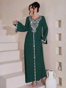 Al Najma Vestido maxi largo de manga larga holgado con bordados y cuentas lujosos, estilo tradicional turco y árabe - Verde Oscuro - Ver 3
