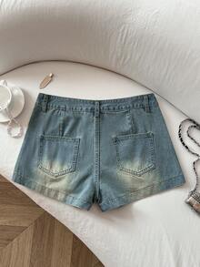 Elamini 女士休闲水洗牛仔短裤，斜插口袋，夏季 - 淺色水洗藍 - 查看 2