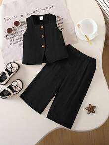 Babygirl Summer Casual Sleeveless Top And Elastic Waist Loose Pants Set - Black - View 3