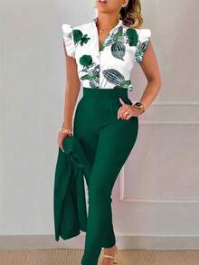 EMERY ROSE Women's Floral Print Cap Sleeve Shirt And Pants Elegant 2-Piece Set (Belt Is Decorative) - Dark Green - View 5
