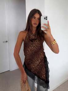 Siren Gaze Women's Sexy Lace Trim Leopard Print Asymmetric Hem Backless Halter Top Sexy Satin Patchwork Sleeveless Blouse For Party Formal Occasions Business Casual Asymmetrical High Neck Halter Top With Lace Trim Evening Party Formal Elegant Sleeveless Blouse For Holiday Night Out Wedding Guest Off The Shoulder Top Women's Casual Solid Color Asymmetrical Hem Lace Patchwork T-Shirt, Basic Everyday Wear Vacations Holidays For Spring Breaks Beach Going Out Top  Halter Neck Sleeveless Top With Black Lace Trim Detail For Casual Evening Party Occasion Women's Sexy Satin Solid Color Contrast Lace Asymmetric Hem Cami Black Top Satin Spaghetti-Strap Animal-Print ,Halloween Costumes Leopard Print Top Lace Cami  Animal Print Going Out Top Coquette Aesthetic Y2k Fashion Women's Contrast Lace Leopard Print Loose Camisole Sexy And Fashionable Suitable For Daily Wear Dating Party Commuting And Other Occasions Spring Summer Boho Camisole Top - Multicolor - View 1
