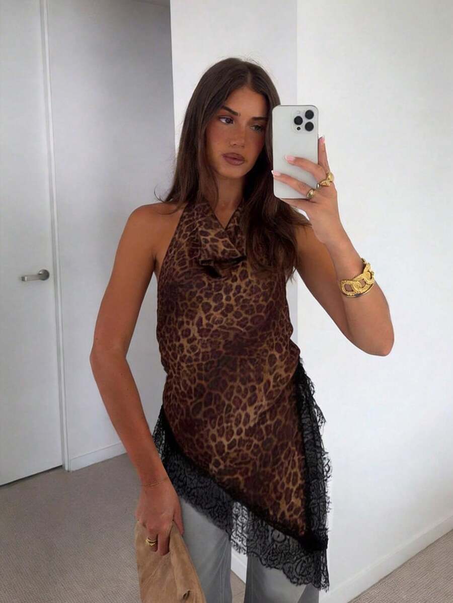Siren Gaze Women's Sexy Lace Trim Leopard Print Asymmetric Hem Backless Halter Top Sexy Satin Patchwork Sleeveless Blouse For Party Formal Occasions Business Casual Asymmetrical High Neck Halter Top With Lace Trim Evening Party Formal Elegant Sleeveless Blouse For Holiday Night Out Wedding Guest Off The Shoulder Top Women's Casual Solid Color Asymmetrical Hem Lace Patchwork T-Shirt, Basic Everyday Wear Vacations Holidays For Spring Breaks Beach Going Out Top  Halter Neck Sleeveless Top With Black Lace Trim Detail For Casual Evening Party Occasion Women's Sexy Satin Solid Color Contrast Lace Asymmetric Hem Cami Black Top Satin Spaghetti-Strap Animal-Print ,Halloween Costumes Leopard Print Top Lace Cami  Animal Print Going Out Top Coquette Aesthetic Y2k Fashion Women's Contrast Lace Leopard Print Loose Camisole Sexy And Fashionable Suitable For Daily Wear Dating Party Commuting And Other Occasions Spring Summer Boho Camisole Top - Multicolor - View 1
