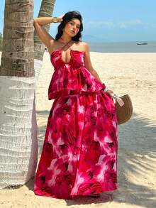 Sunnyshic 春夏时尚度假优雅印花露背吊带背心搭配伞裙长裙，收腰性感两件套，露背沙滩女装 - 彩色 - 查看 6