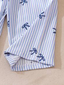 女童休闲条纹蝴蝶结印花褶皱无袖上衣搭配宽松直筒裤套装，春夏活力日常穿搭 - 藍色 - 查看 4