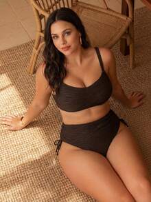 Swim Chiccia 2026 Sommer Neue Große Größen Damen Modische Sexy Spezialstoff Dunkelbraun Einfarbig Kordelzug Design Bikini Badeanzug Set Strandoutfit - Braun - Übersicht 3