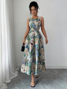 Elenzga 女士花卉提花圆领无袖褶皱优雅中长连衣裙 - 彩色 - 查看 7